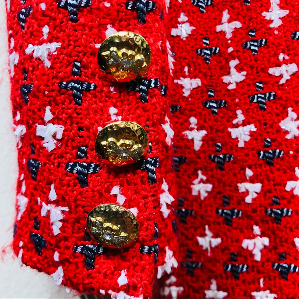 Doncaster multicolored red, white, black & silver metallic thread skirt suit szM - Picture 10 of 15